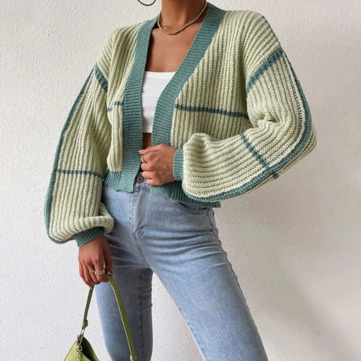 Puff sleeve striped cropped cardigan for women