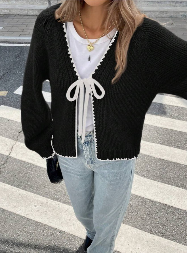Bow front scalloped cropped cardigan for women