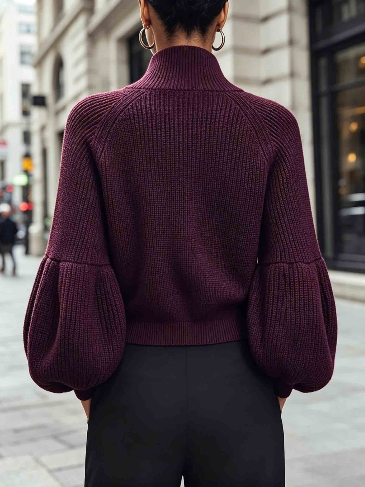 Zip-up puff sleeve cropped cardigan for women