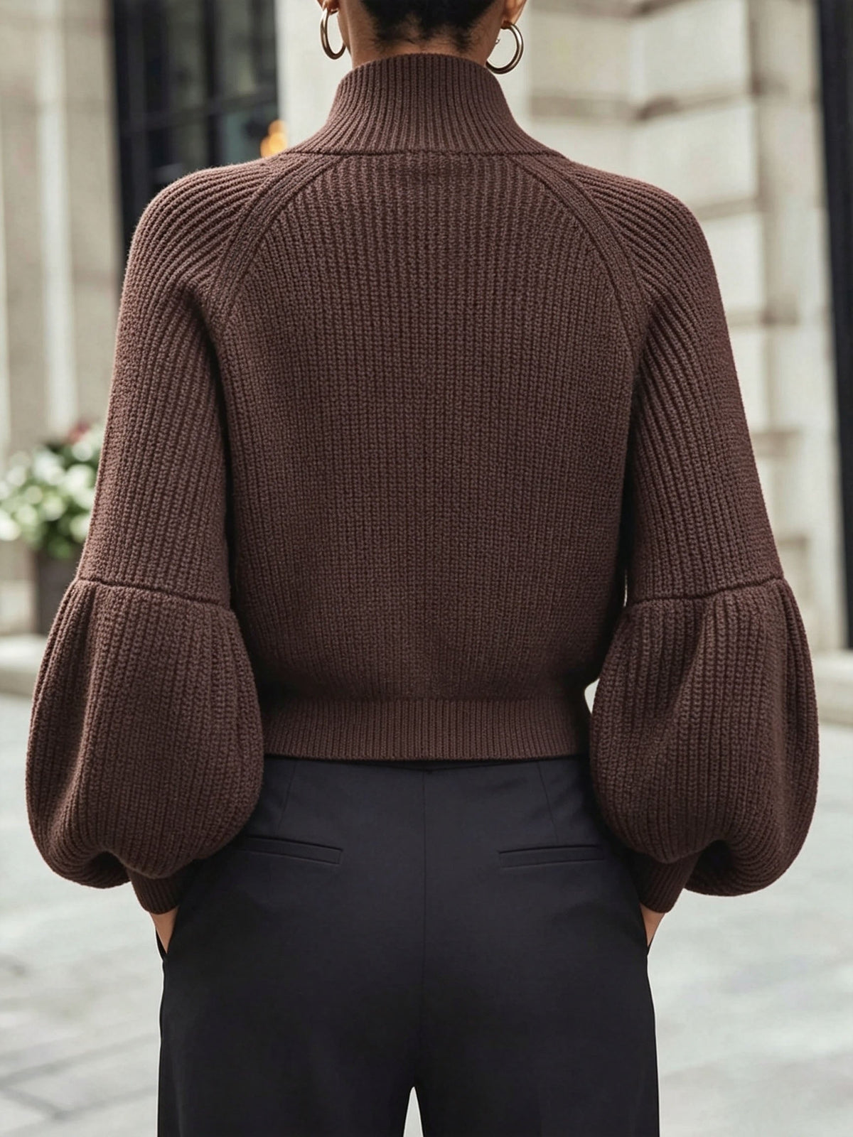 Zip-up puff sleeve cropped cardigan for women