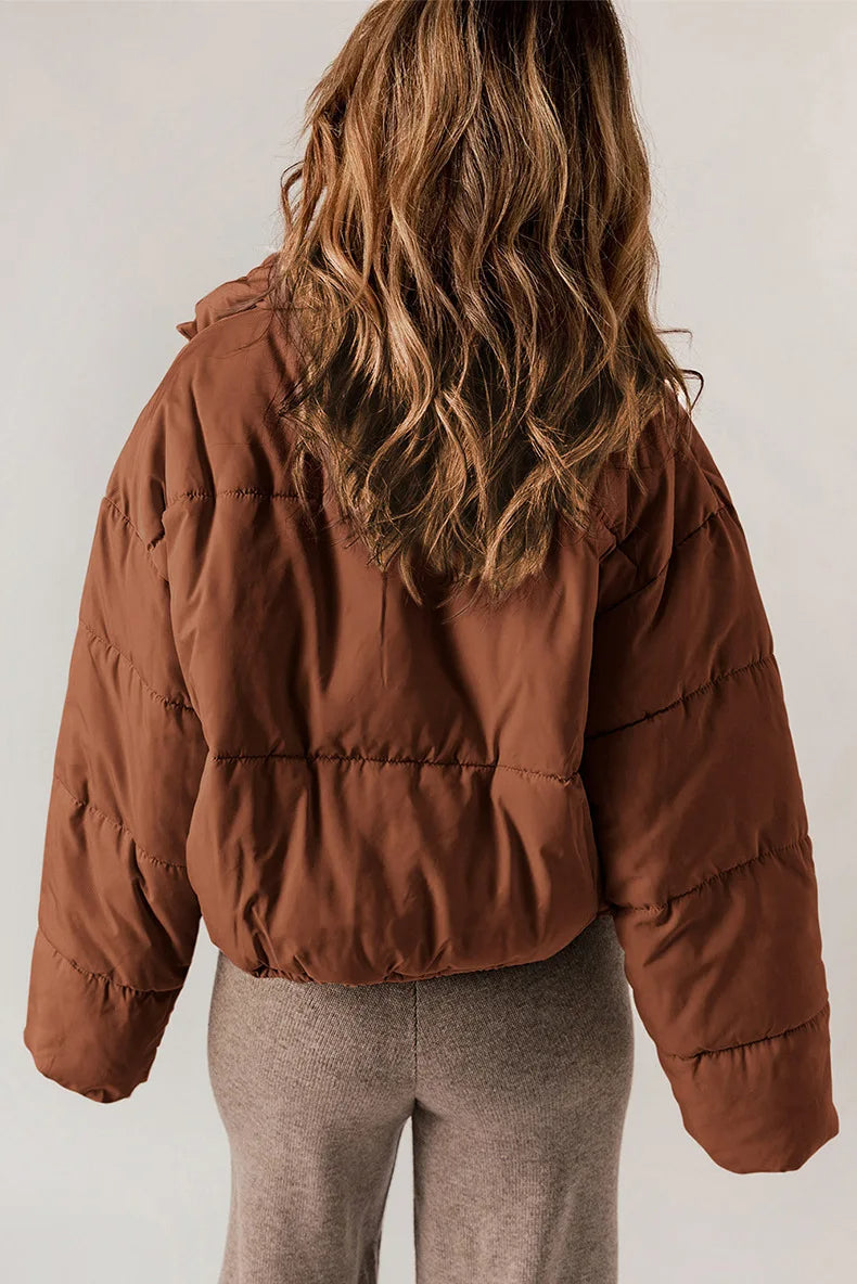 Drawcord hem cropped puffer jacket for women