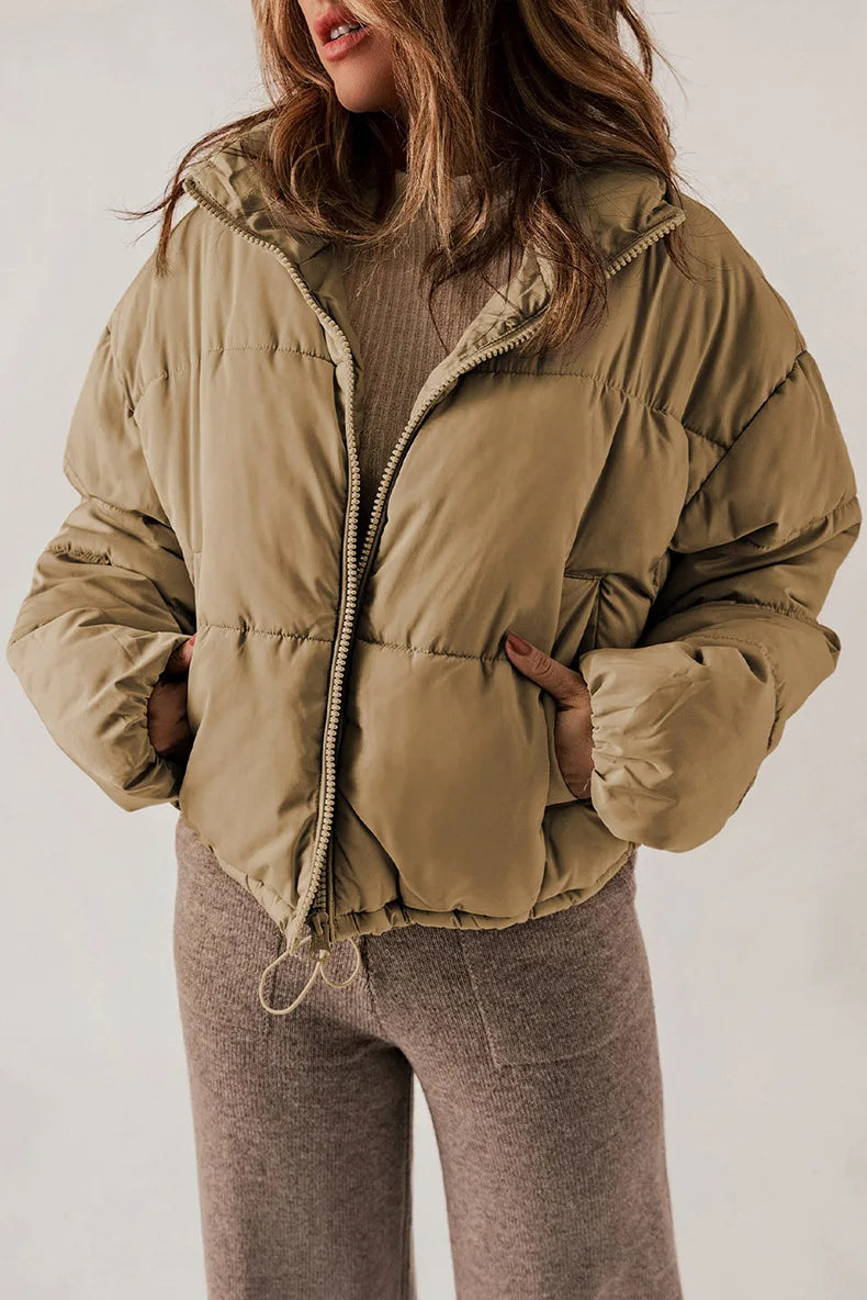Drawcord hem cropped puffer jacket for women