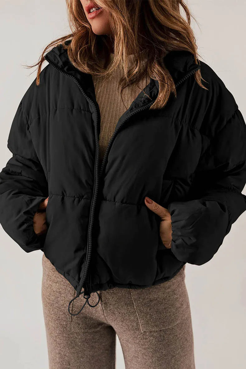 Drawcord hem cropped puffer jacket for women