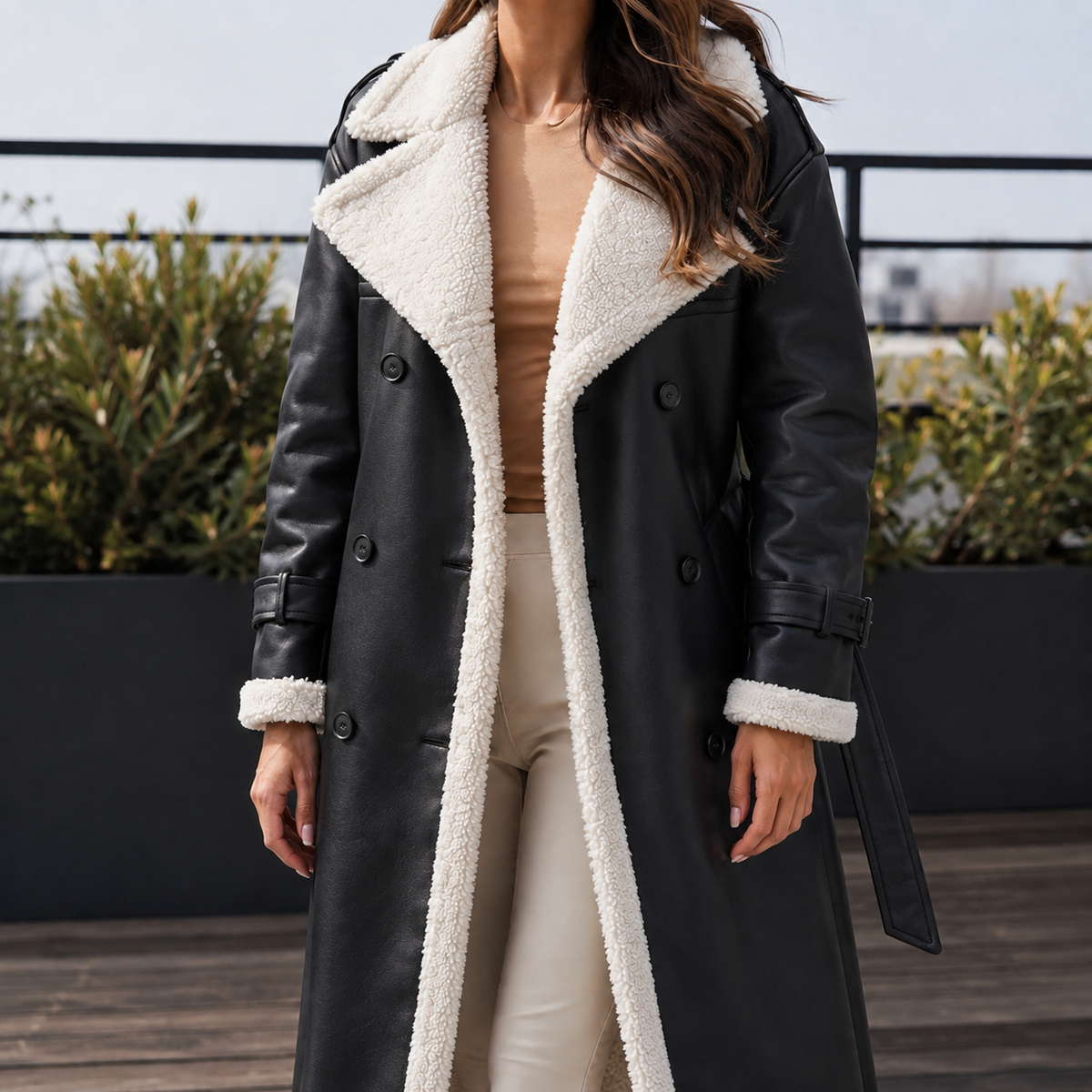 Double-breasted sherpa leather-look belted coat for women