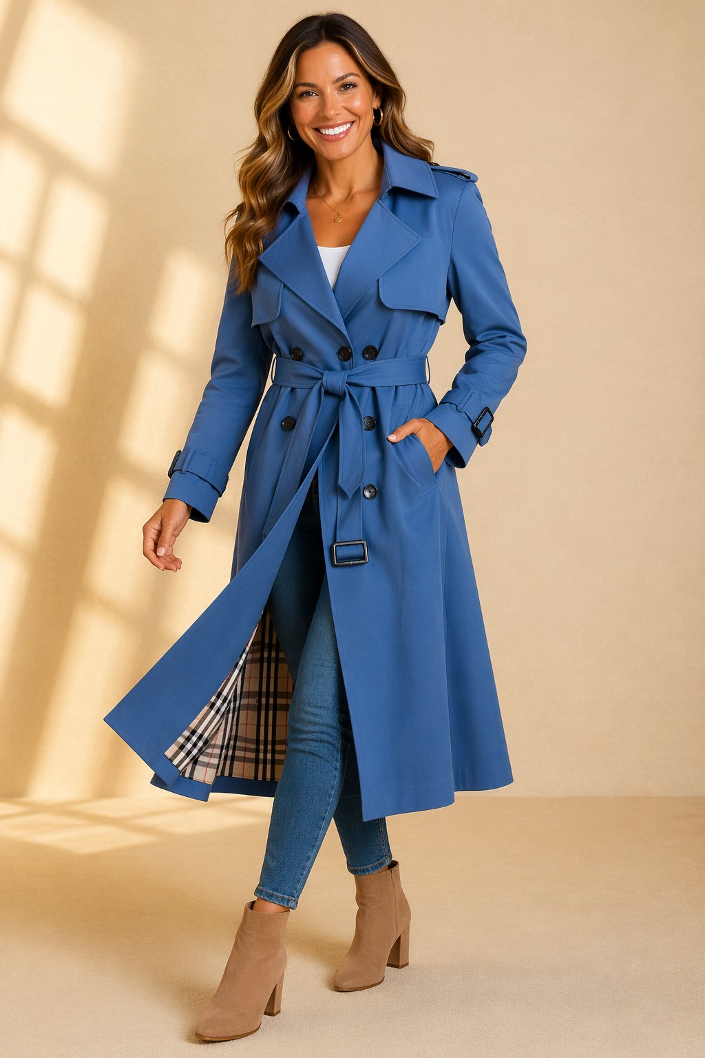 Check-lined long trench belted coat for women