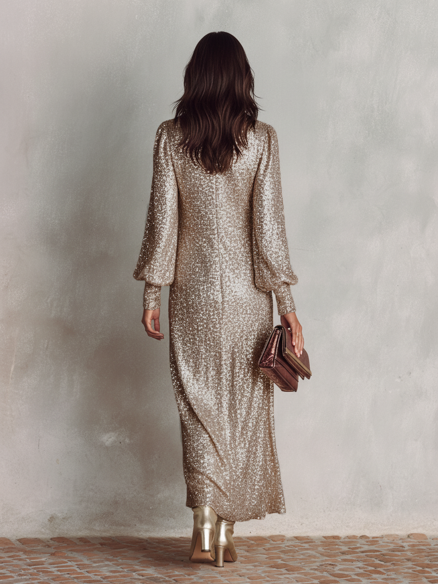 Loose sequin maxi dress with V-neck and balloon sleeves for women
