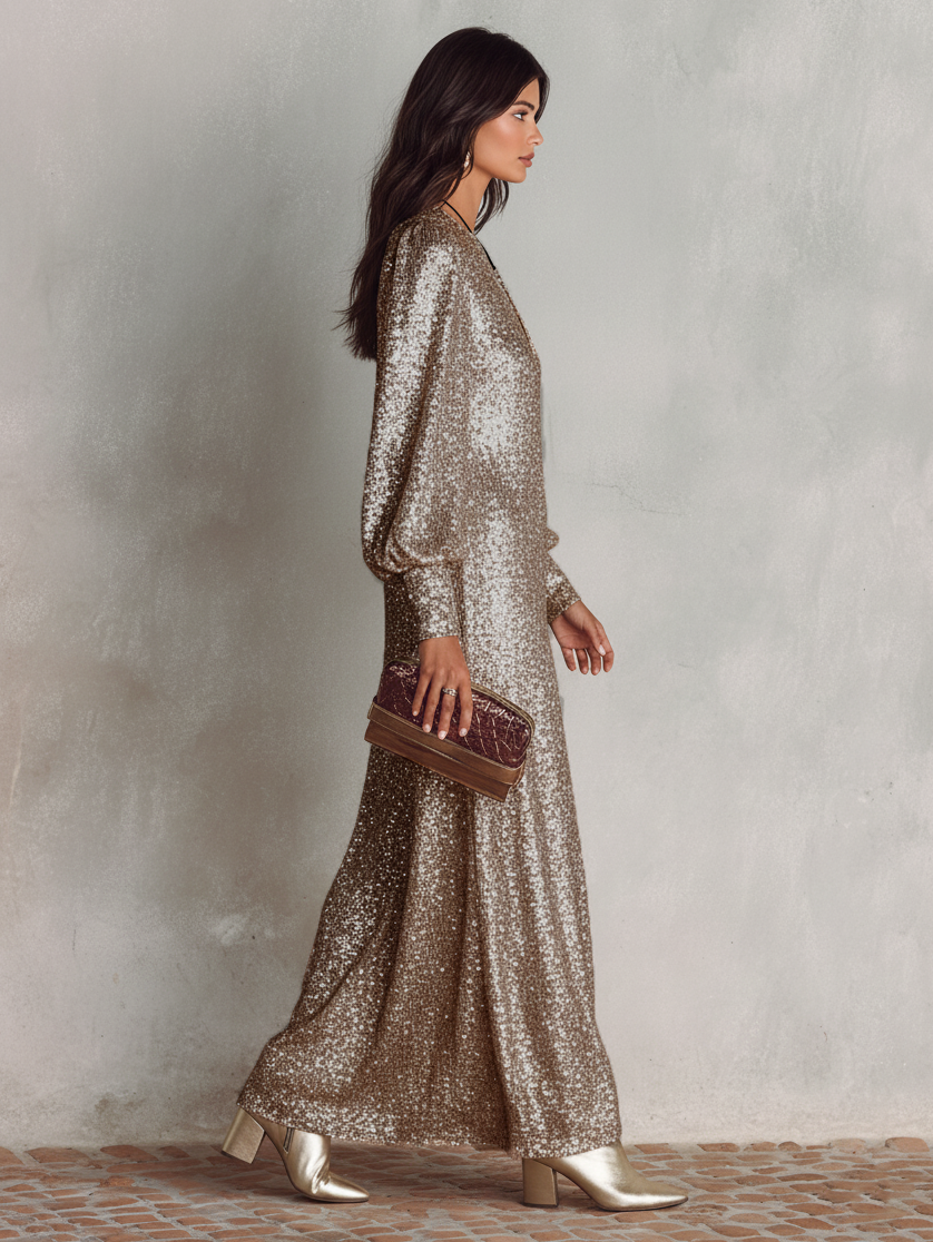 Loose sequin maxi dress with V-neck and balloon sleeves for women