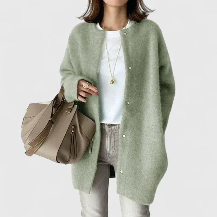 Fuzzy longline cardigan in khaki, black, caramel brown, gray and green for women