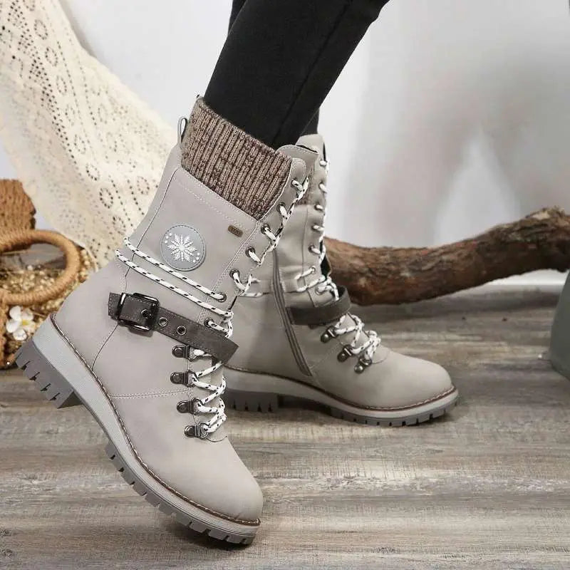 Knit panel lace-up mid-calf winter boots for women