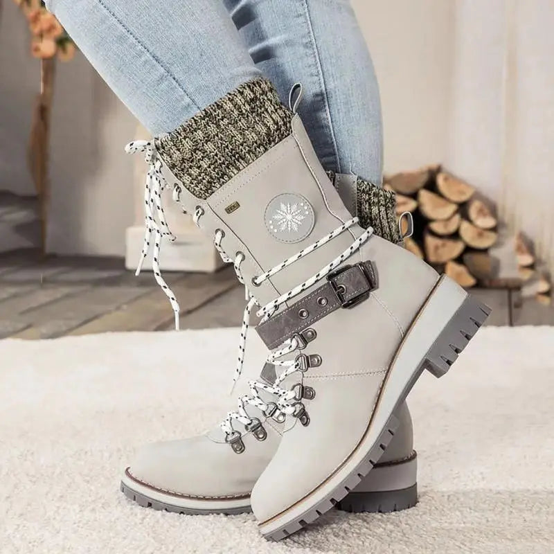 Knit panel lace-up mid-calf winter boots for women