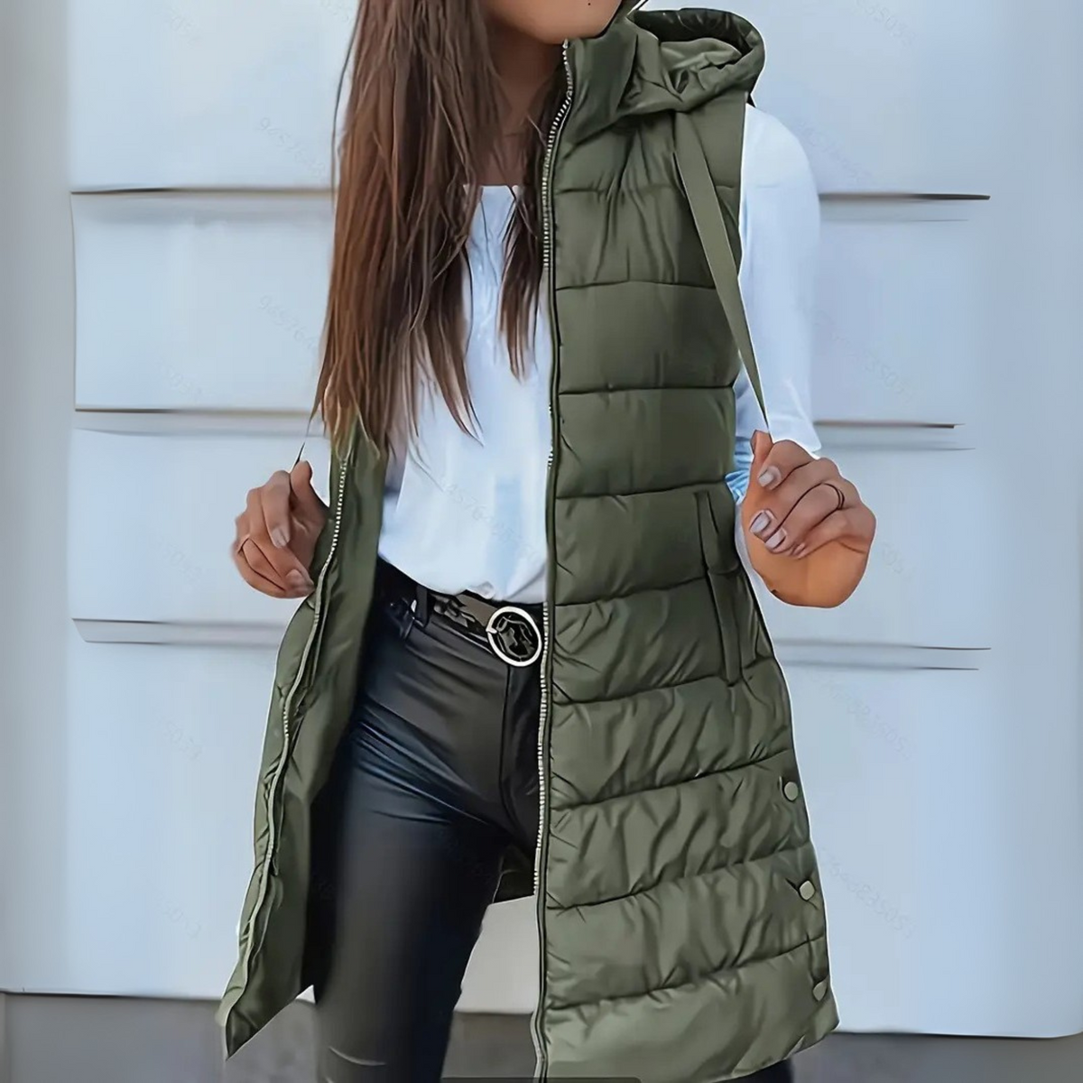 Hooded long puffer vest for women
