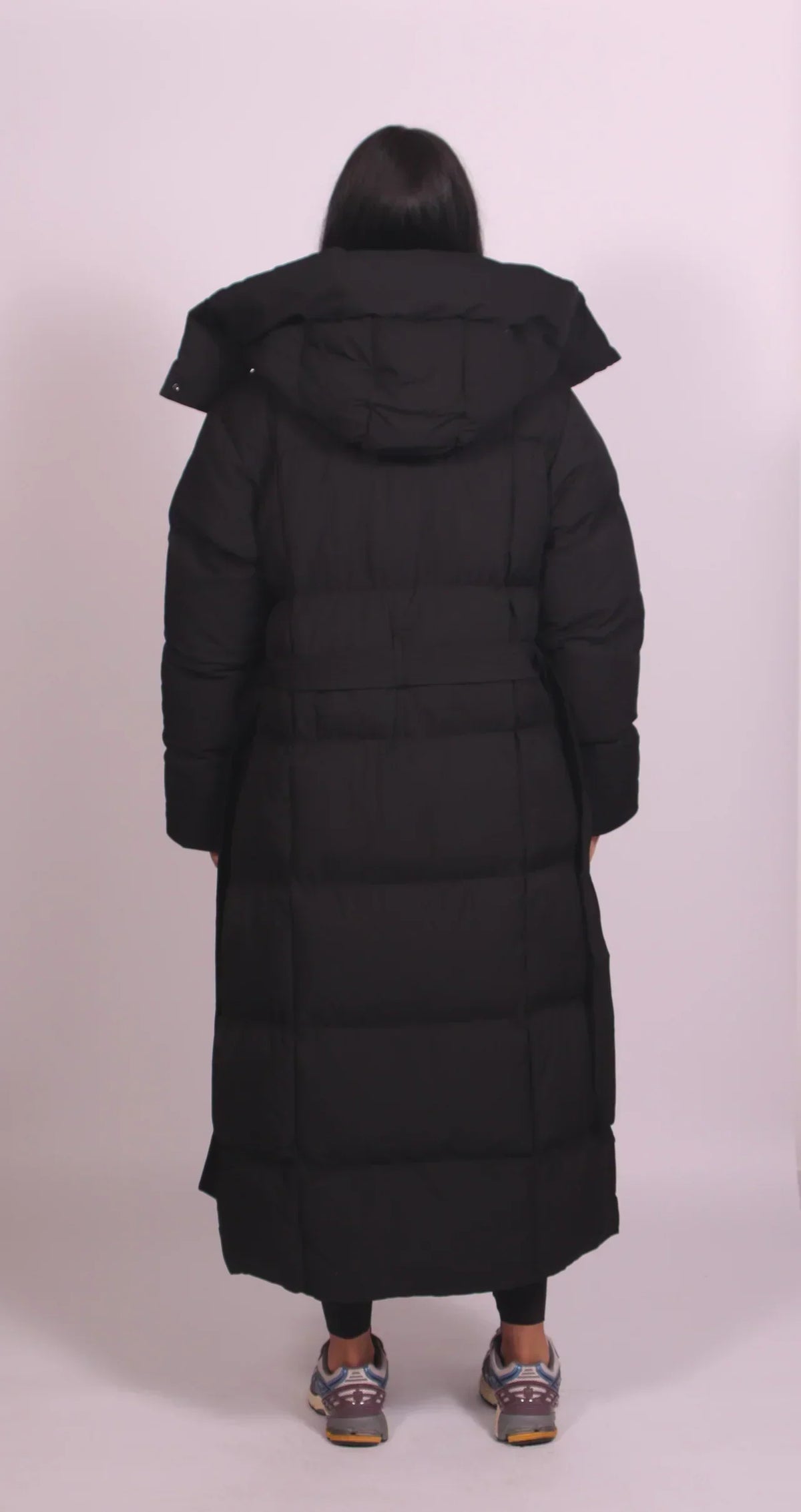Long belted puffer coat for women in brown or black
