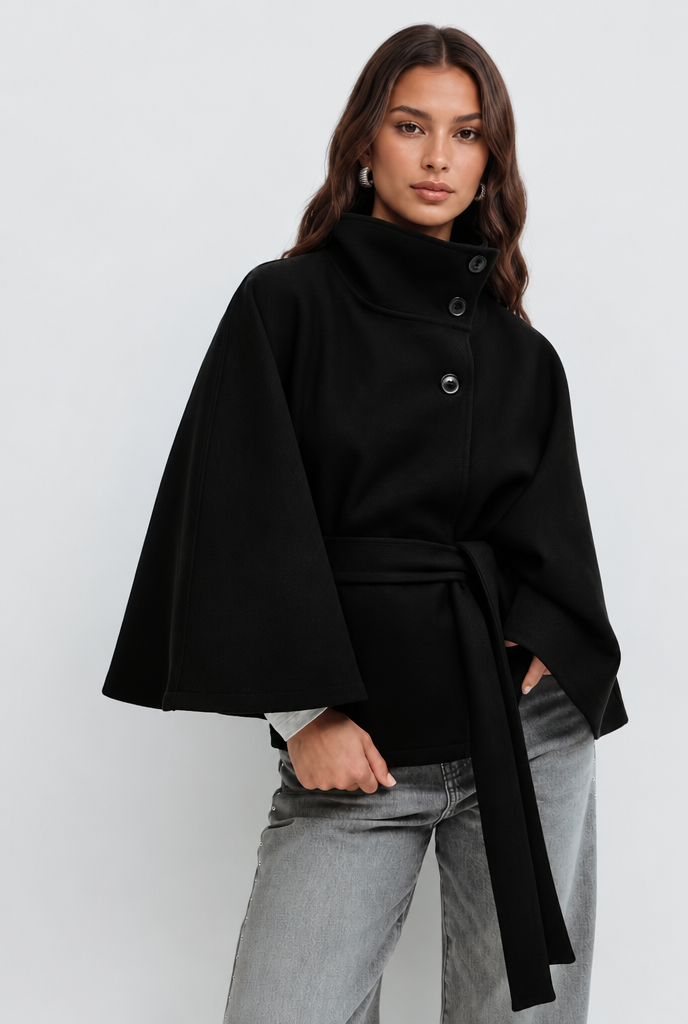Stand collar cape style belted coat for women