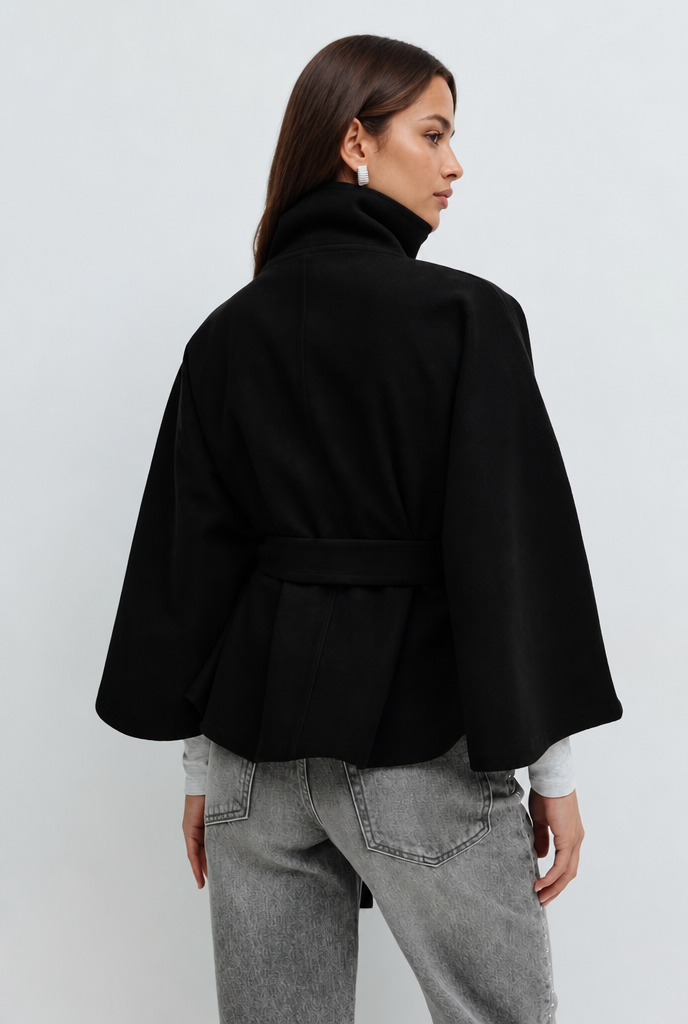 Stand collar cape style belted coat for women