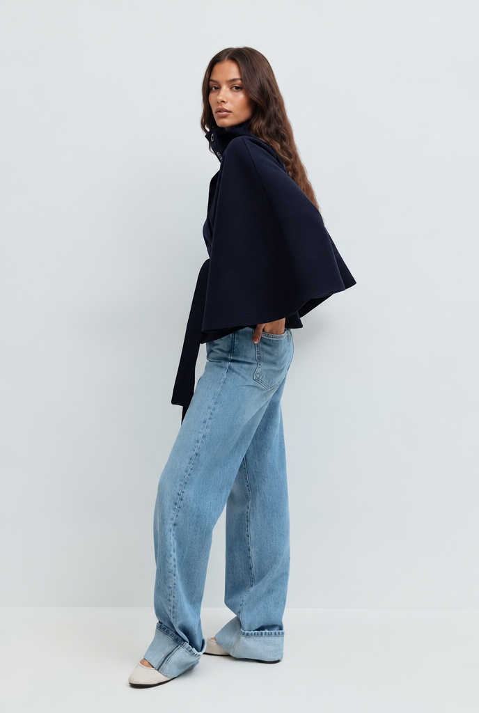Stand collar cape style belted coat for women