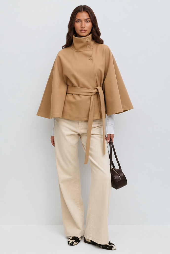 Stand collar cape style belted coat for women