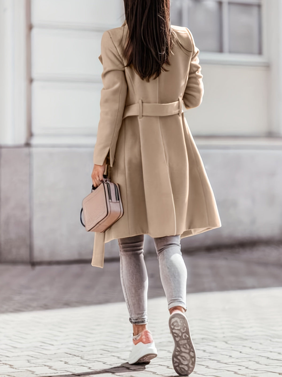 Wide collar fitted belted coat for women