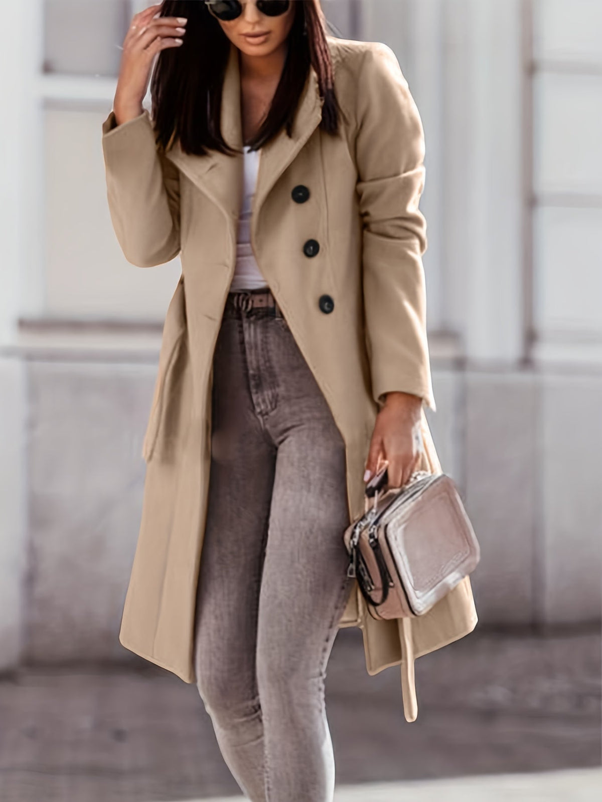 Wide collar fitted belted coat for women