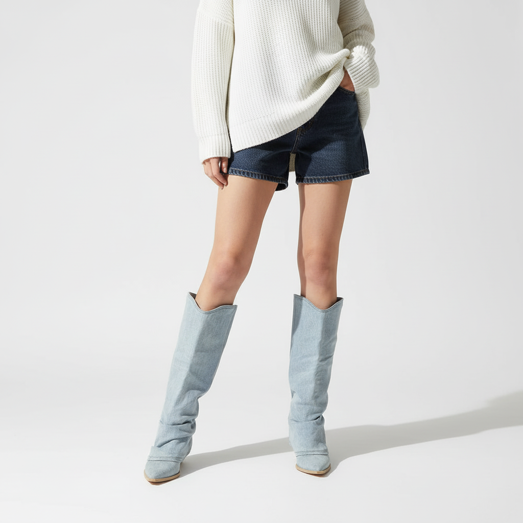 Light blue denim pointed toe knee-high slouch boots for women