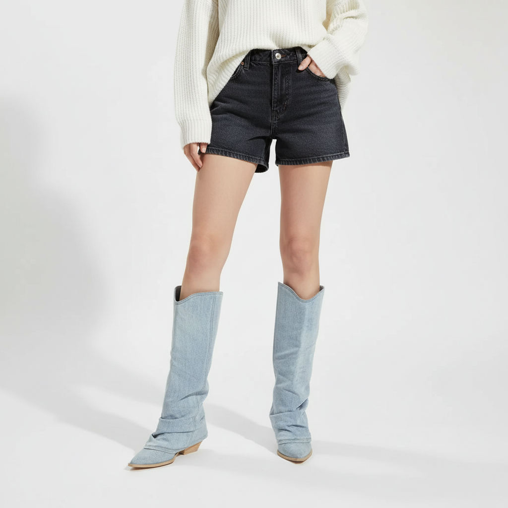 Light blue denim pointed toe knee-high slouch boots for women