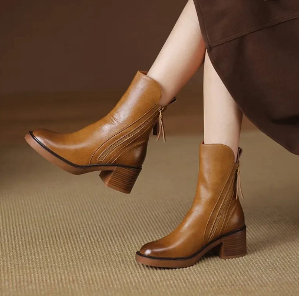 Block heel leather ankle boots for women