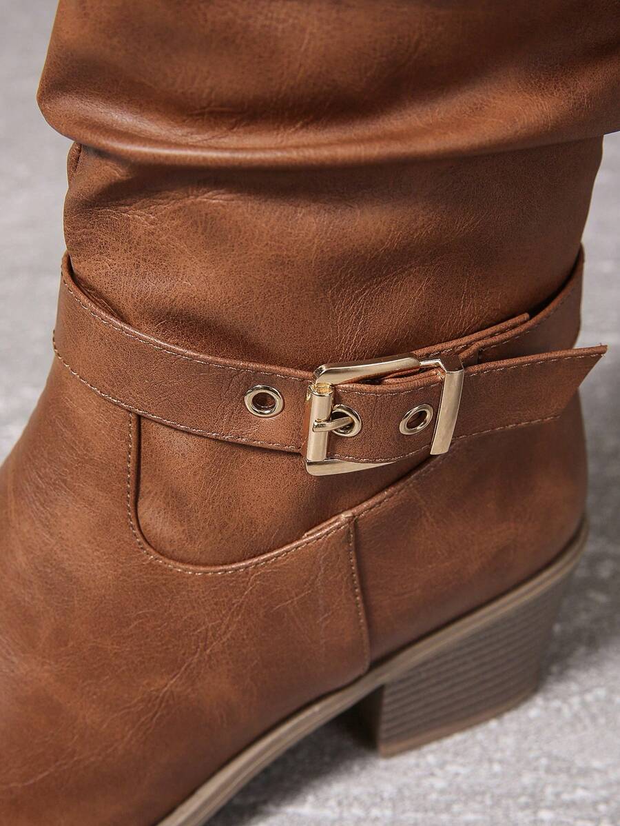 Double buckle slouch boots for women