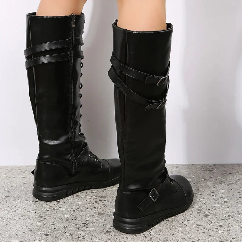 Lace-up knee-high buckle boots for women