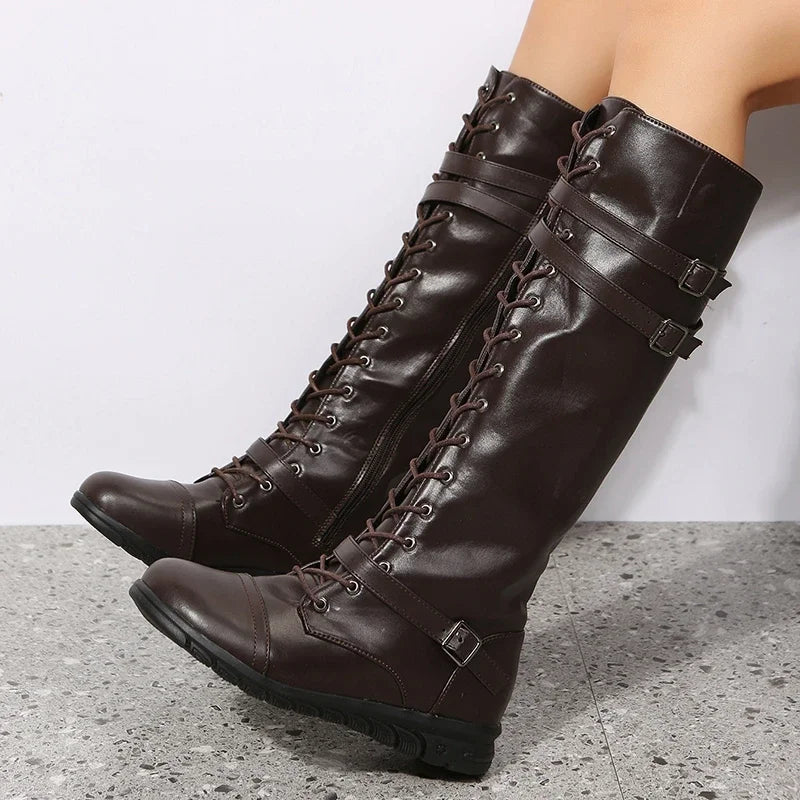Lace-up knee-high buckle boots for women