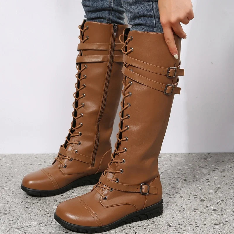 Lace-up knee-high buckle boots for women