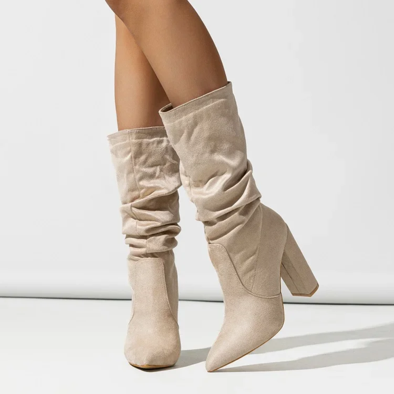 Suede-look block heel mid-calf slouch boots for women