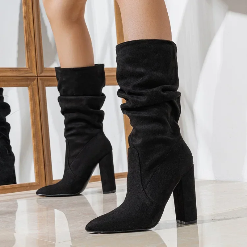 Suede-look block heel mid-calf slouch boots for women