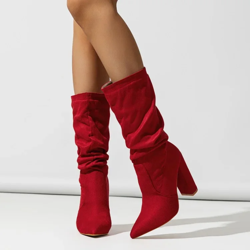 Suede-look block heel mid-calf slouch boots for women