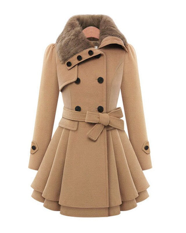 Belted peplum coat with faux fur collar in beige for women