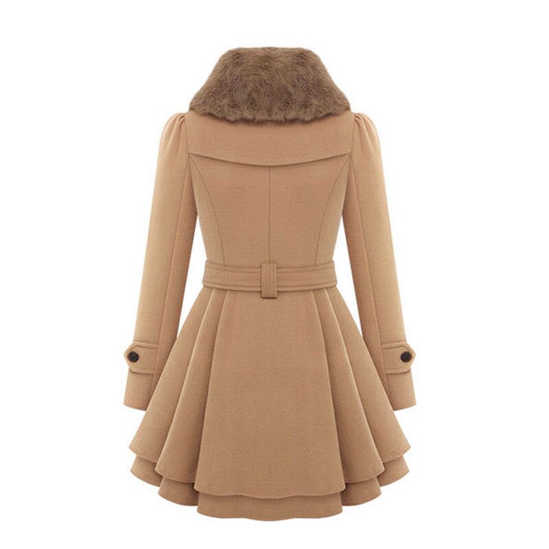 Belted peplum coat with faux fur collar for women