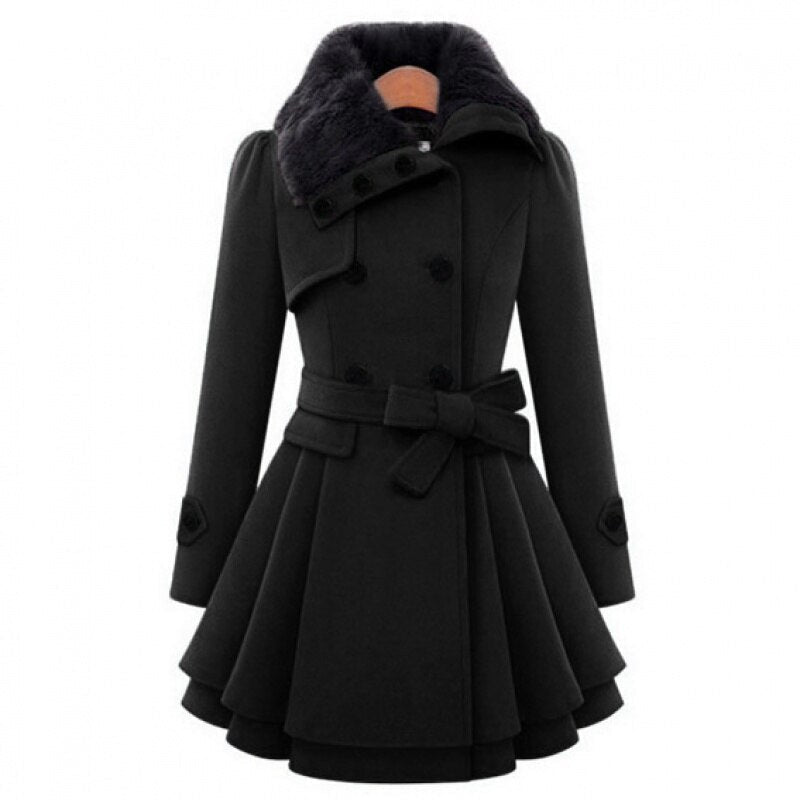 Belted peplum coat with faux fur collar in black for women