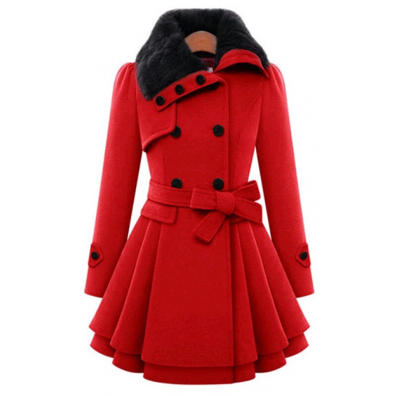 Belted peplum coat with faux fur collar in red for women