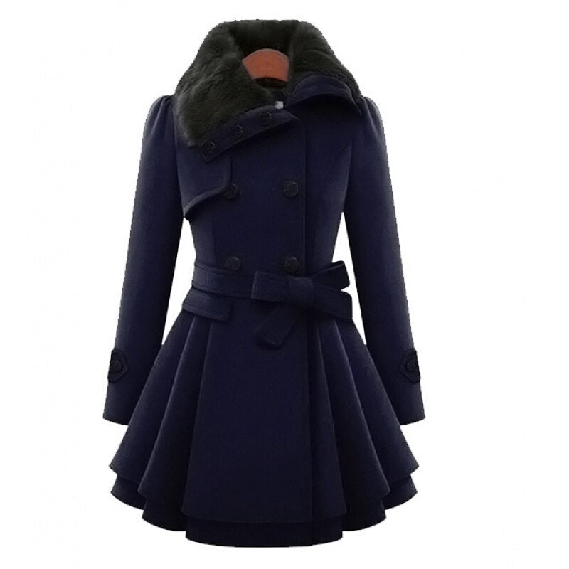 Belted peplum coat with faux fur collar in dark blue for women