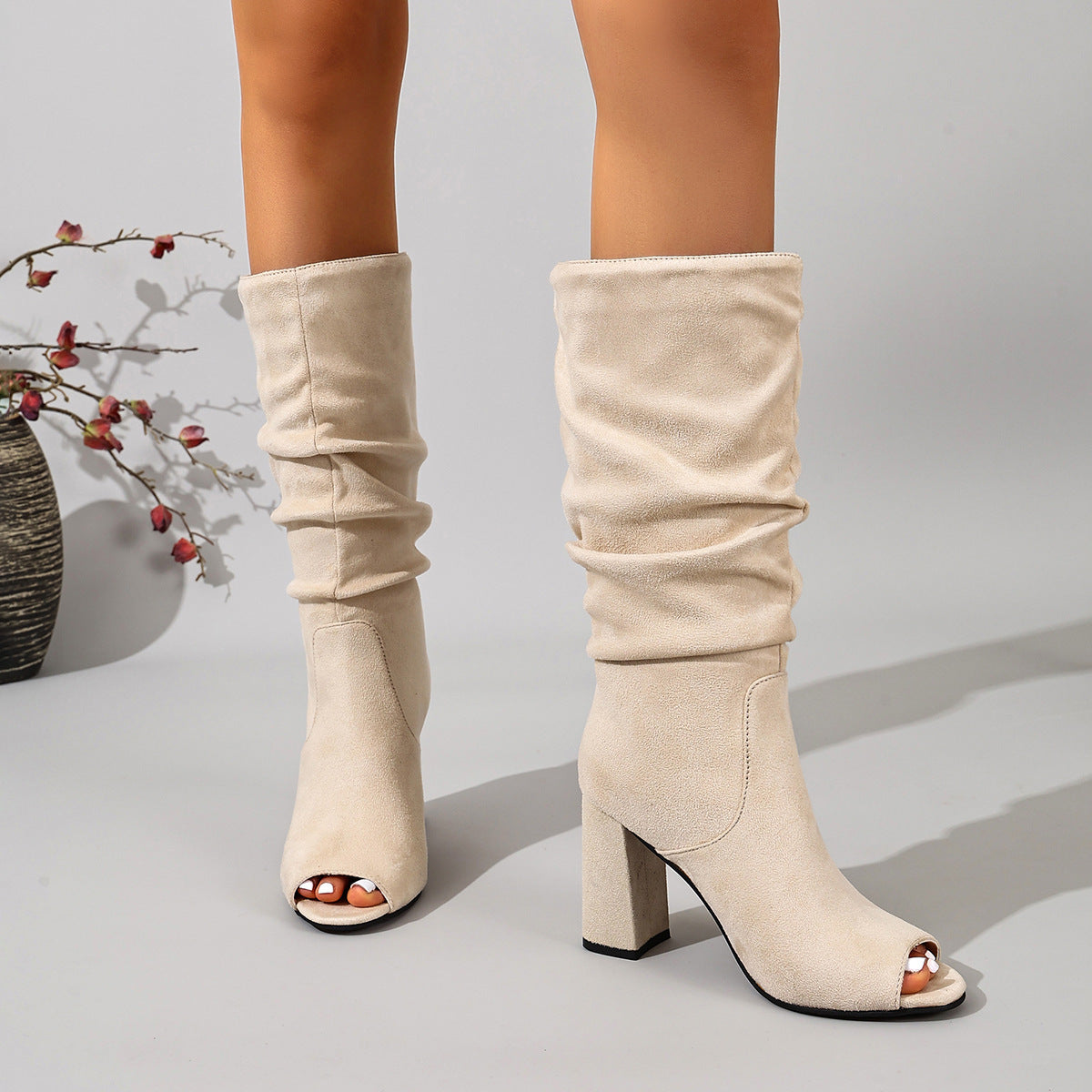 Peep-toe suede-look slouch boots for women