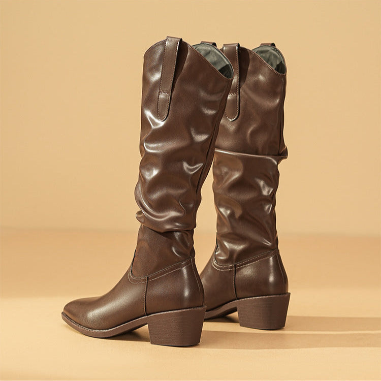 Pointed toe knee-high western slouch boots for women