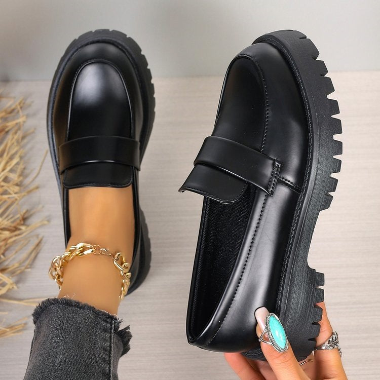 Black glossy lug sole chunky loafers for women