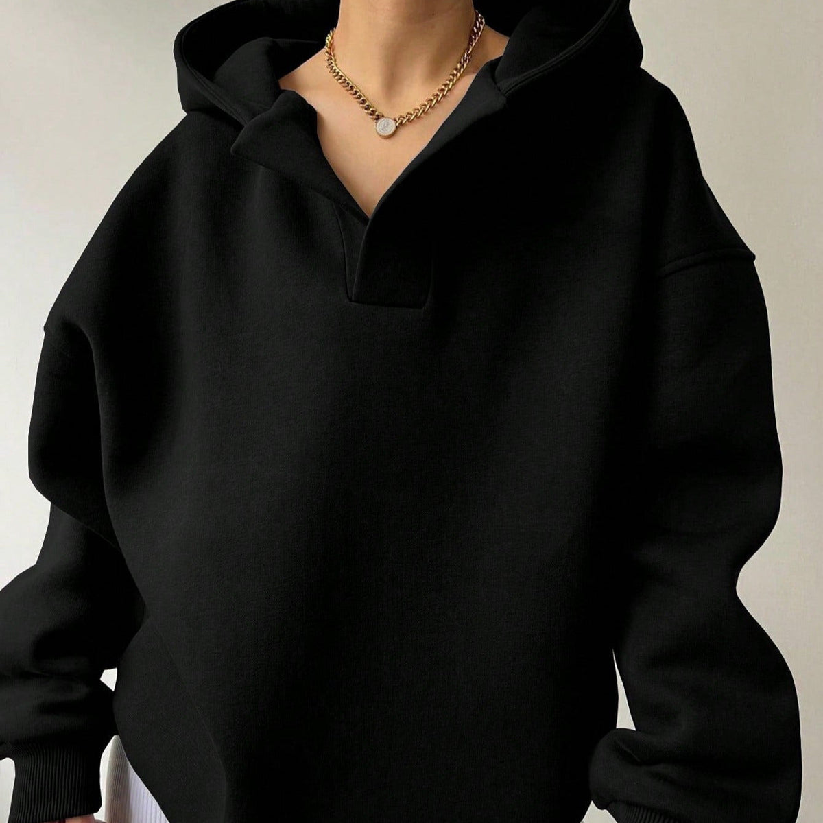 Oversized V-neck fleece hoodie for women