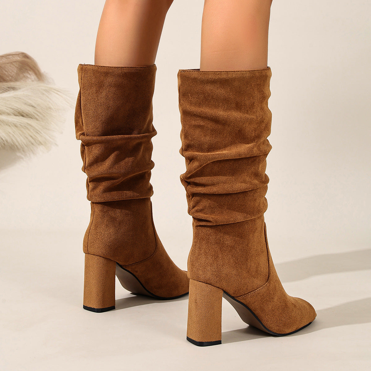 Peep-toe suede-look slouch boots for women