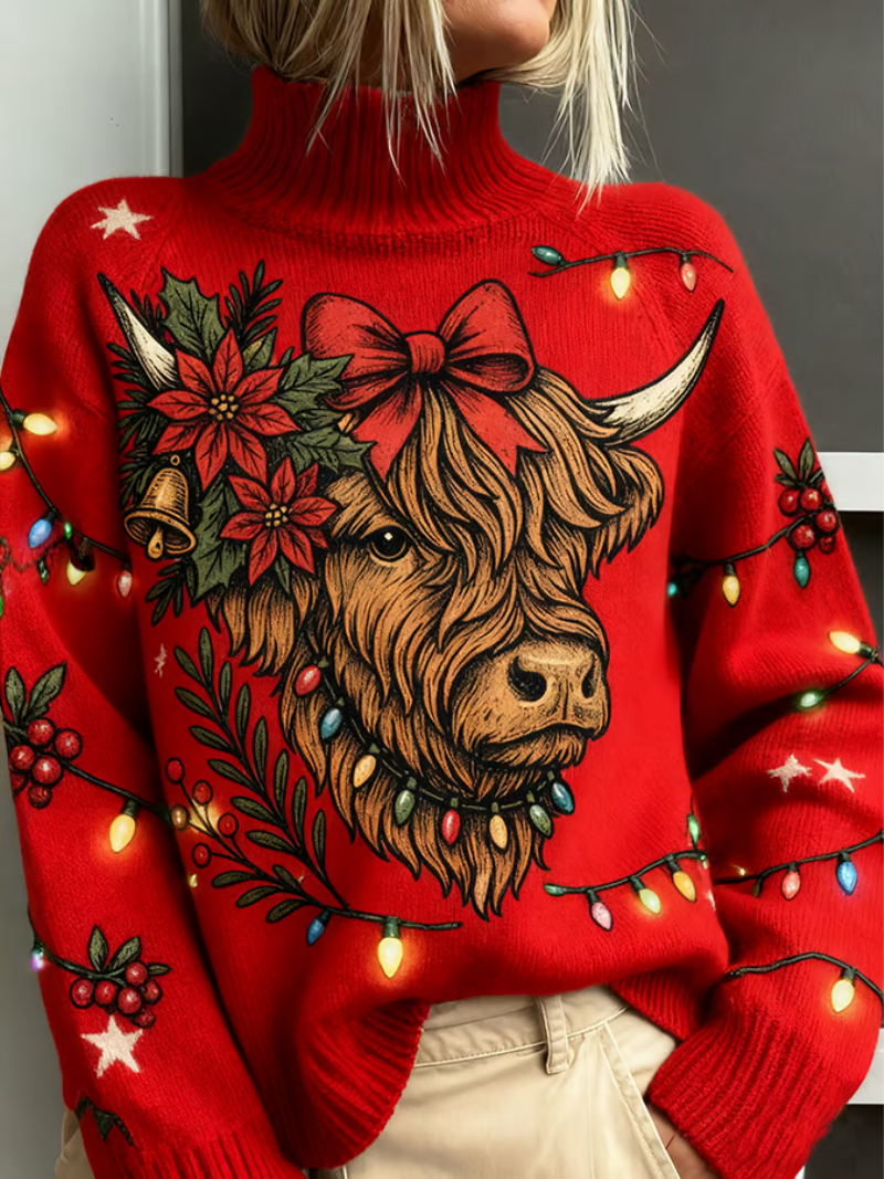 Red turtleneck Christmas sweater with cow print for women