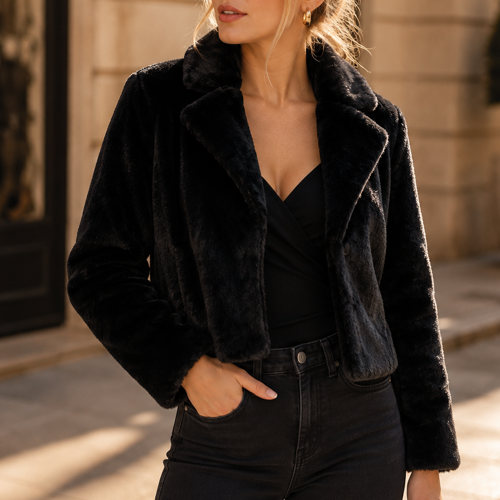 Wide collar cropped faux fur jacket for women