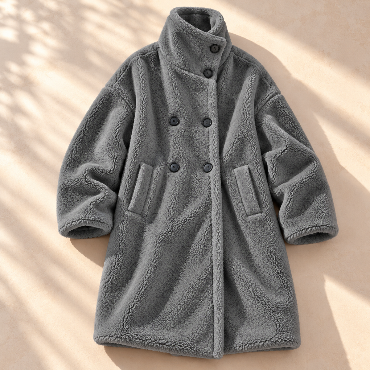 Double-breasted midi teddy coat for women