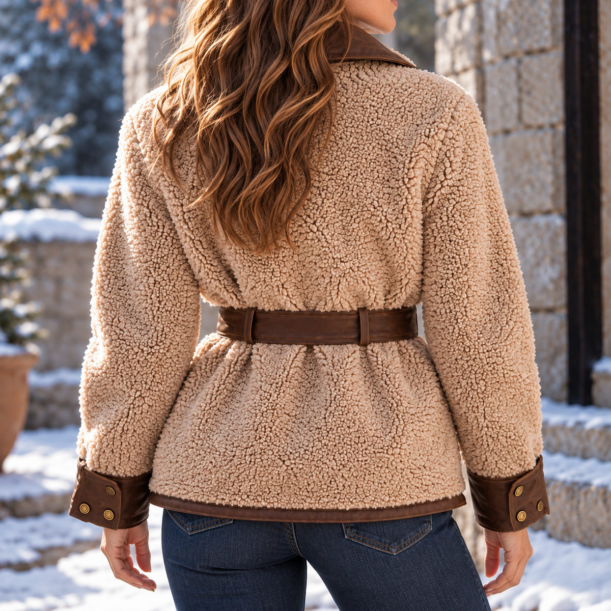Belted contrast trim sherpa jacket for women