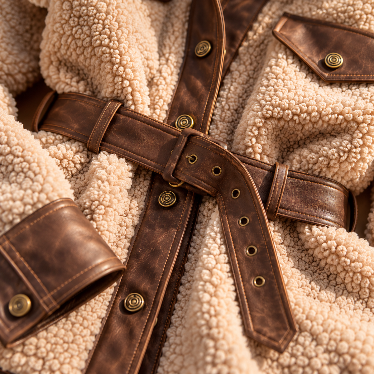 Belted contrast trim sherpa jacket for women