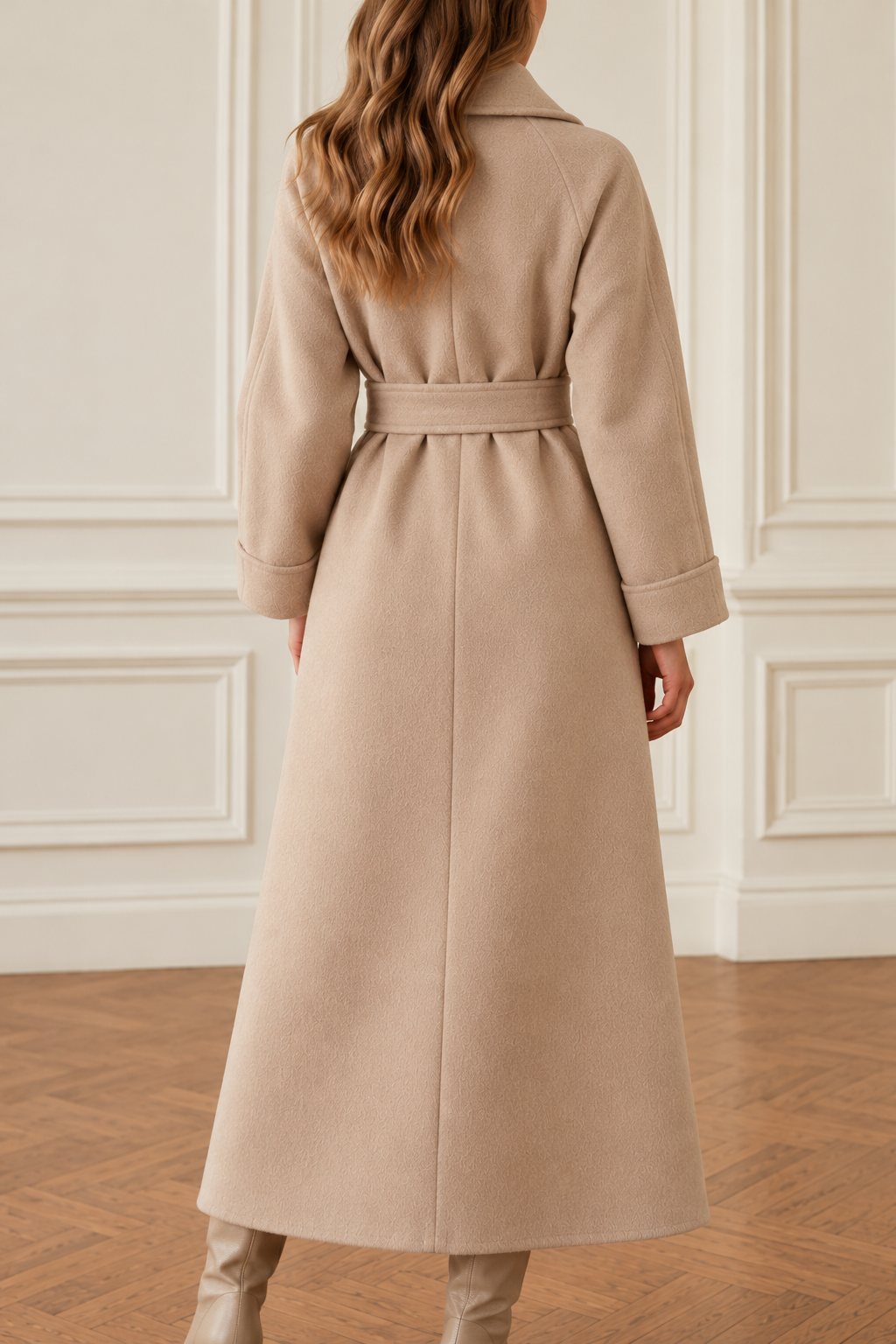 Wide lapel longline belted coat for women