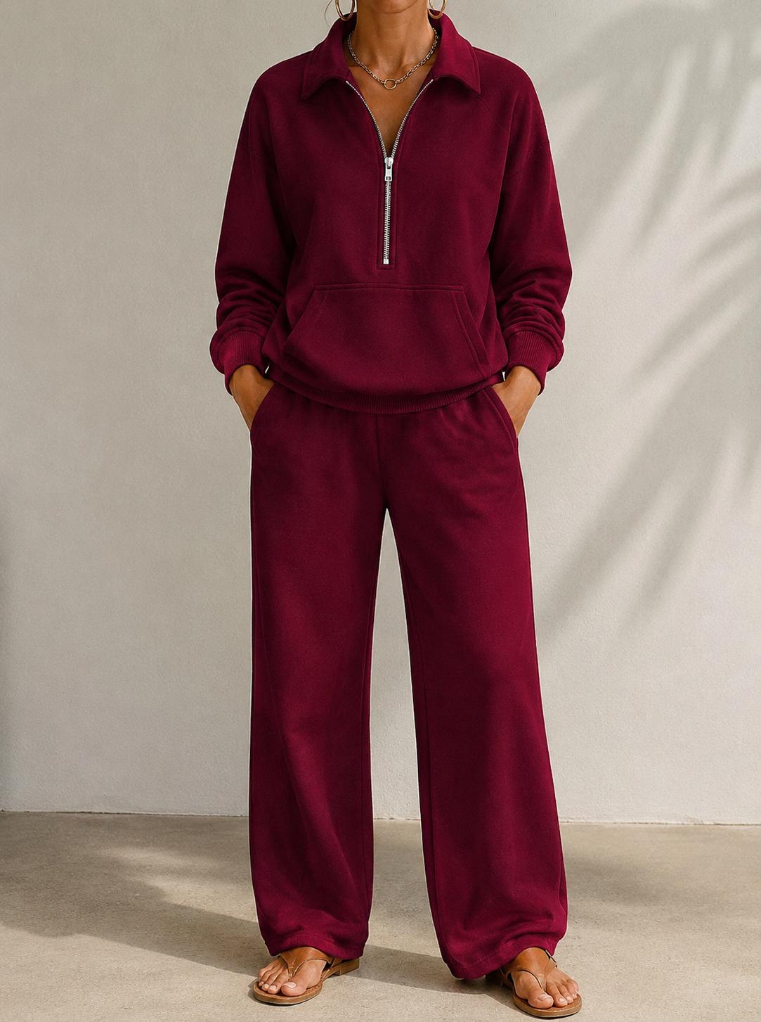Half-zip kangaroo-pocket lounge set in red for women