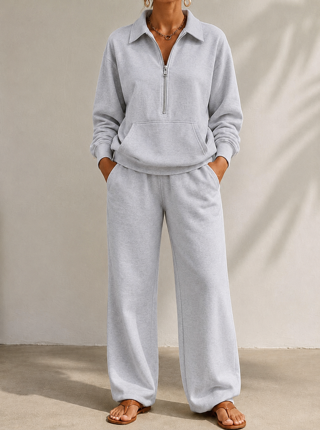Half-zip kangaroo-pocket lounge set in grey for women
